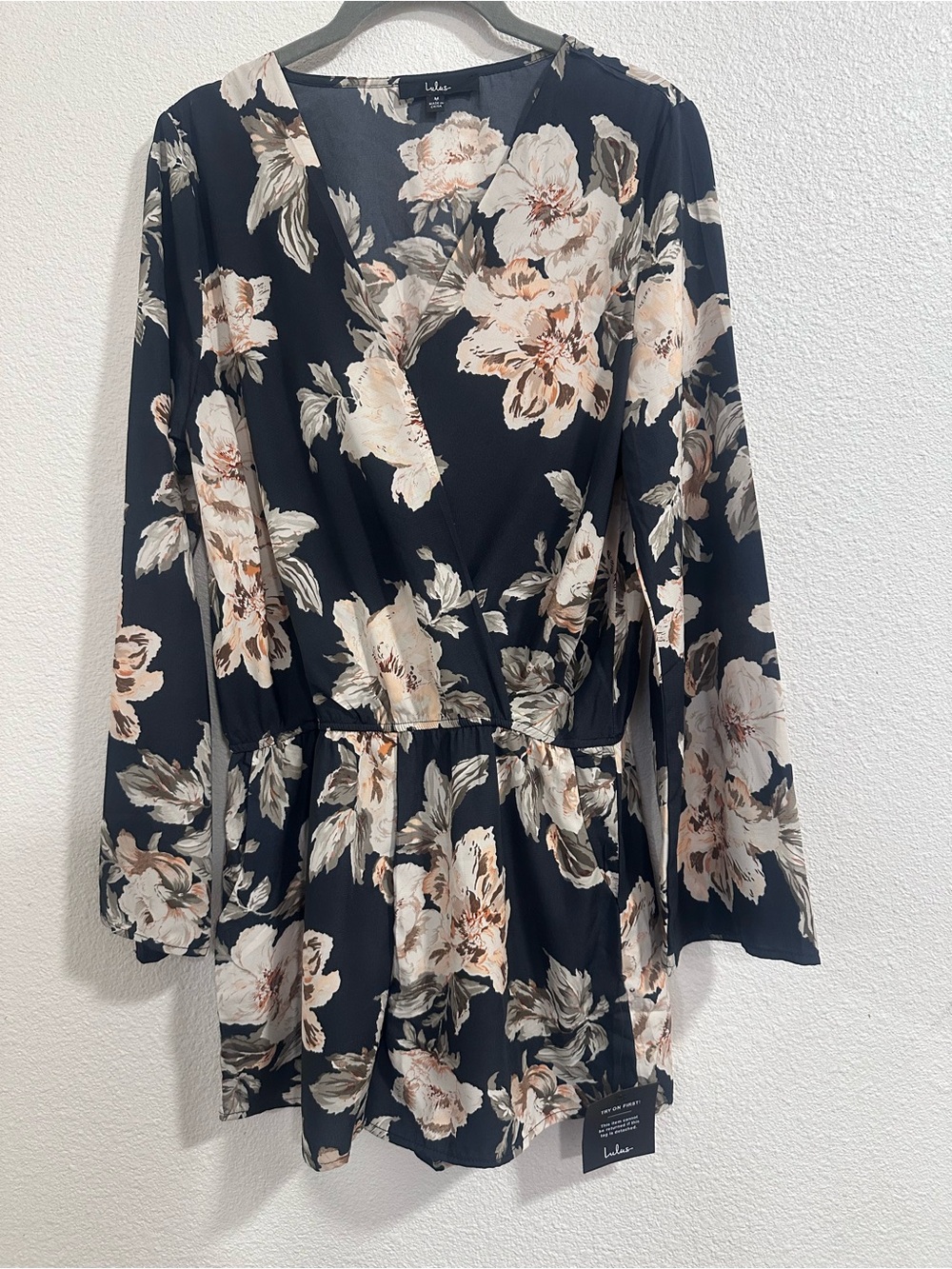 Lulu's Black Floral Wrap Long-Sleeve Mini Dress with Cream Blooms